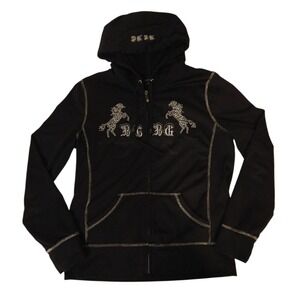 BCBG Max Azria Jacket Hoodie Rhinestones Women's  Sz Large Full Zip Black Horses